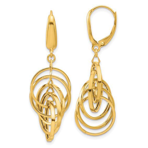 14k Yellow Gold Five Circles Dangle Leverback Earrings