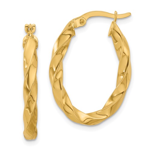 14k Yellow Gold Twisted Oval Hoop Earrings 1in