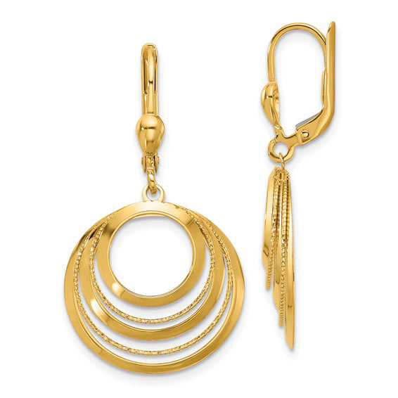 14k Yellow Gold Polished and Diamond-cut Circles Dangle Leverback Earrings