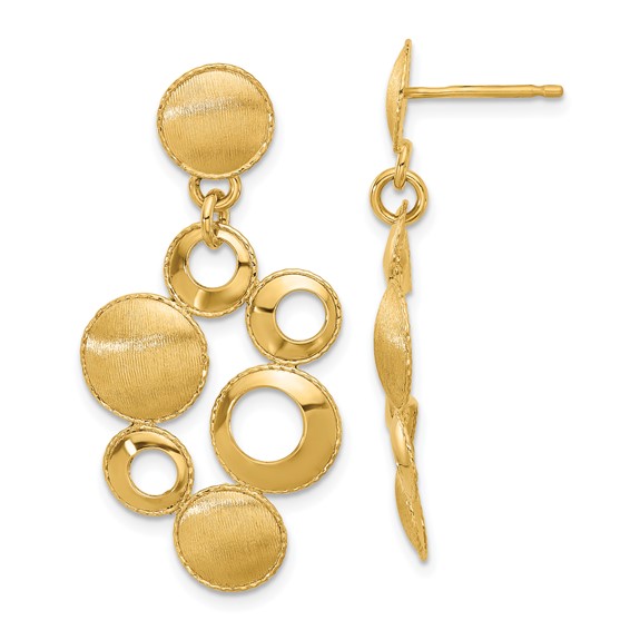 14k Yellow Gold Polished and Satin Circles Dangle Earrings 1.5in