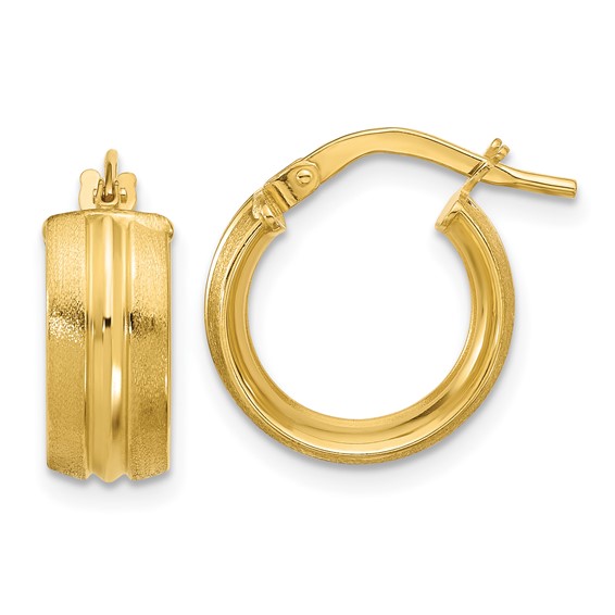 14k Yellow Gold Polished and Satin Round Huggie Hoop Earrings