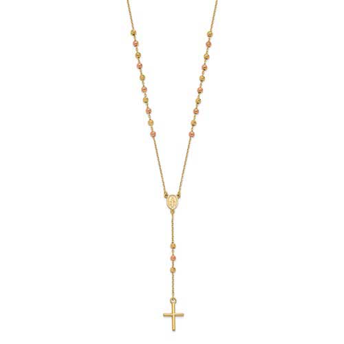 14k Yellow and Rose Gold Cross Rosary Necklace with Diamond-cut Beads