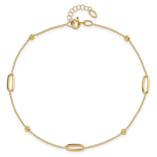 14k Yellow Gold Elongated Oval Charms and Diamond-cut Beads Anklet