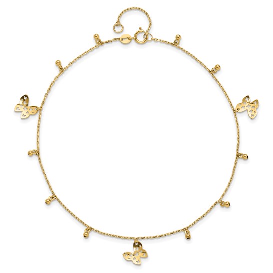 14k Yellow Gold Polished Butterfly and Bead Anklet