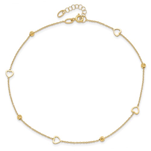 14k Yellow Gold Anklet with Open Heart Charms and Beads Accents 10in