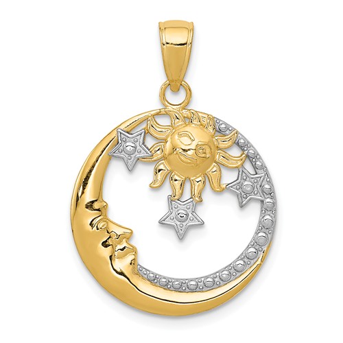 14k Yellow Gold Crescent Moon Sun and Stars Round Pendant 3/4in