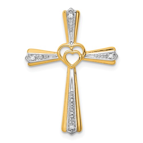 14k Yellow Gold Rhodium .01 ct tw Diamond Cross Pendant Two Hearts