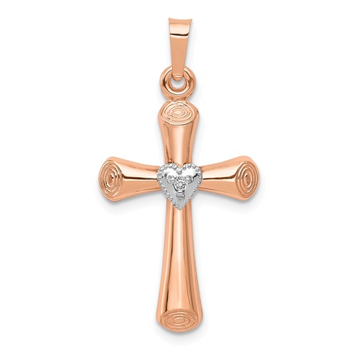 14k Two-tone Gold .01 ct tw Diamond Tapered Cross Pendant with Heart