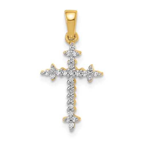 14k Yellow Gold 1/10 ct tw Diamond Fleur de Lis Cross Pendant