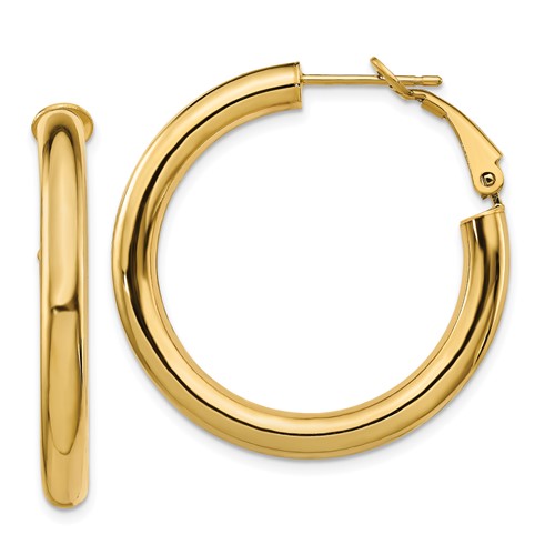 14k Yellow Gold 1.25in Italian Round Hoop Omega Earrings 3mm