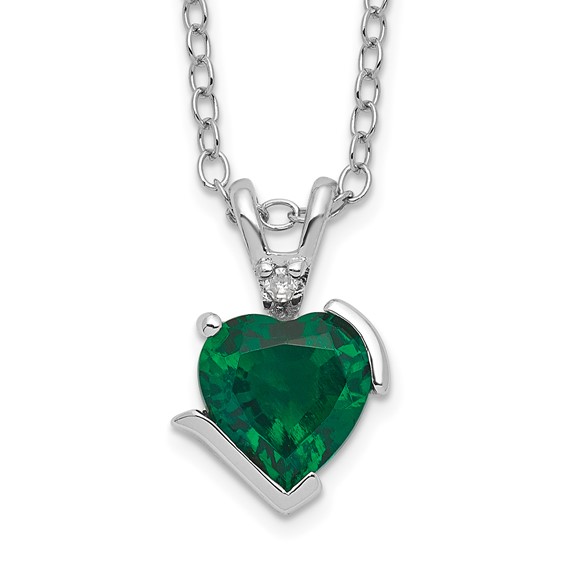 Sterling Silver 7mm Created Emerald Heart Necklace with Diamonds