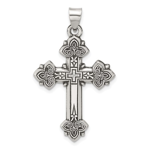 Sterling Silver Budded Cross Pendant  With Antiqued Finish 1.25in