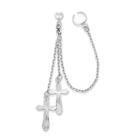 Sterling Silver Rhodium Plated Dangle Cross Earlobe Cuff Earring