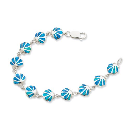 Sterling Silver Created Blue Opal Inlay Sea Shell Bracelet