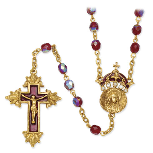 Gold-tone 28in Red King of Kings Crucifix Rosary Necklace