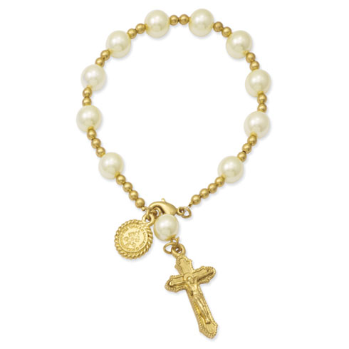 Gold-tone 7 1/2in Faux Pearl Rosary Bracelet