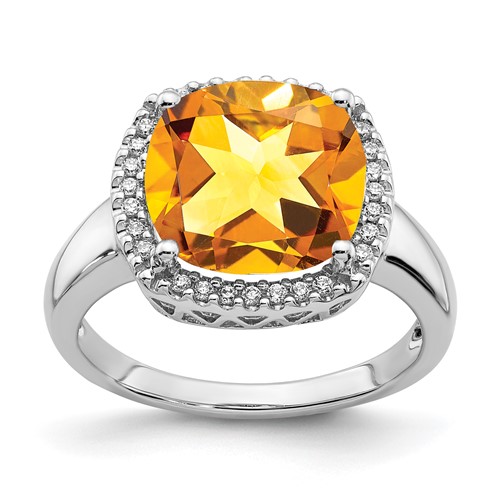 14k White Gold 3.8 ct Cushion Cut Citrine Ring With Diamonds