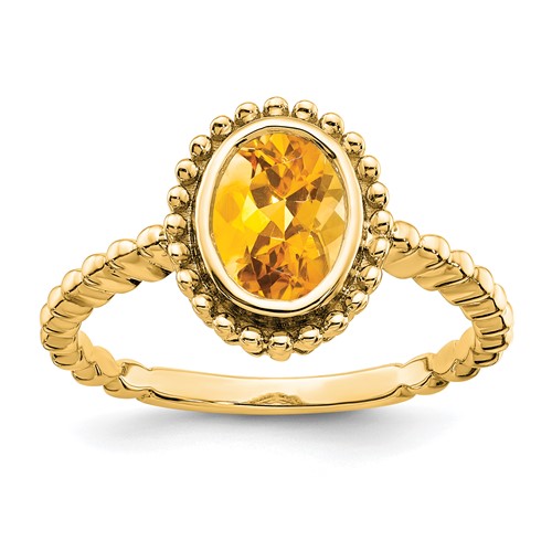 14k Yellow Gold 1 ct Oval Citrine Ring with Beaded Design