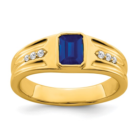 14k Yellow Gold Men's 1 ct Emerald-cut Blue Sapphire Ring with Diamond Accents