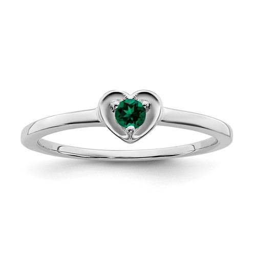 14k White Gold Round Created Emerald Heart Ring