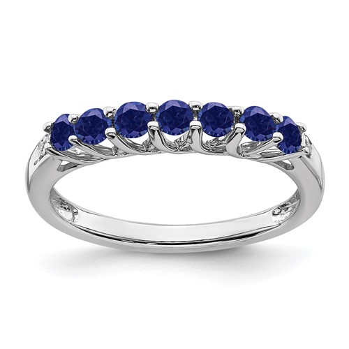 14k White Gold Created Blue Sapphire 7-stone Ring With Diamond Accents