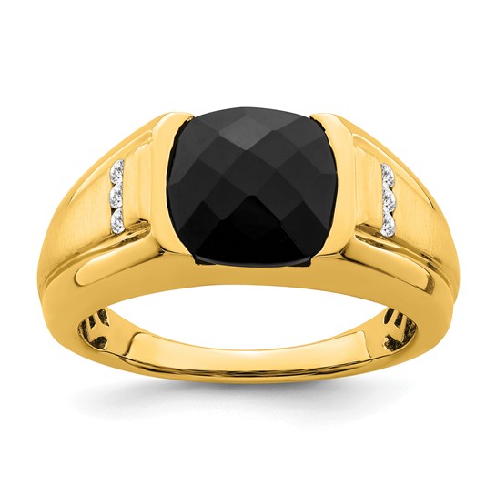 14k Yellow Gold Men's Cushion Cut Onyx Ring with Diamond Accents