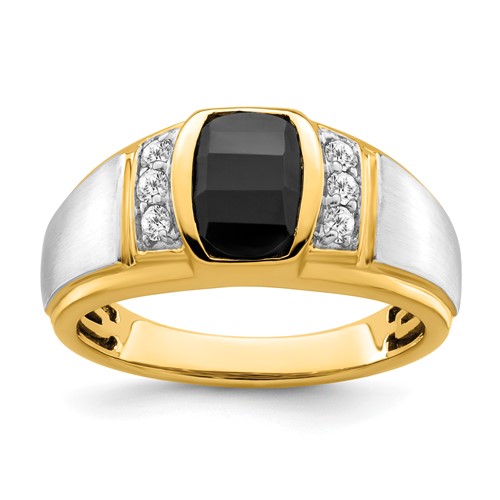 14k Two-tone Gold Men's 1.1 ct Barrel-cut Onyx Ring With Diamond Accents