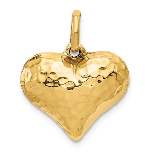 14k Yellow Gold Puffed Hammered Heart Pendant 1/2in