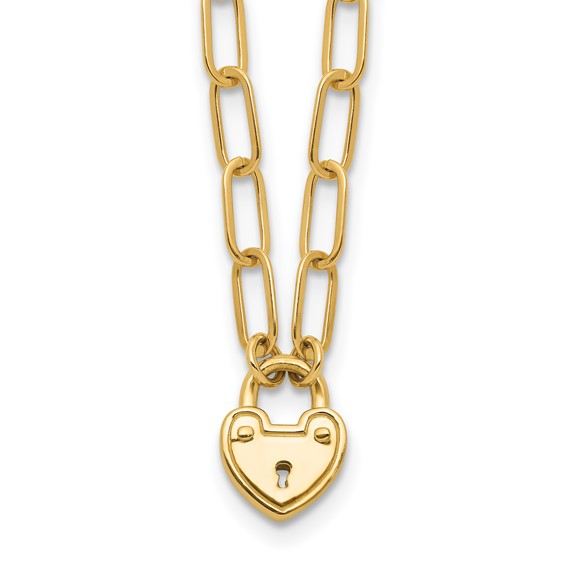 14K Polished Gold Heart Lock Charm Paperclip Link Necklace