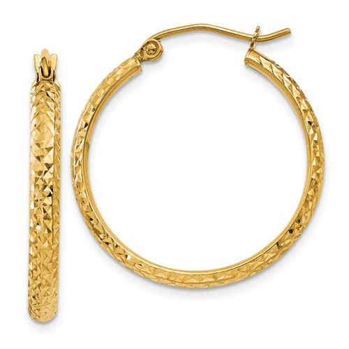 14k Yellow Gold Diamond-cut Hollow Hoop Earrings 1in