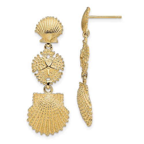 14k Yellow Gold Sand Dollar And Scallop Shells Dangle Earrings