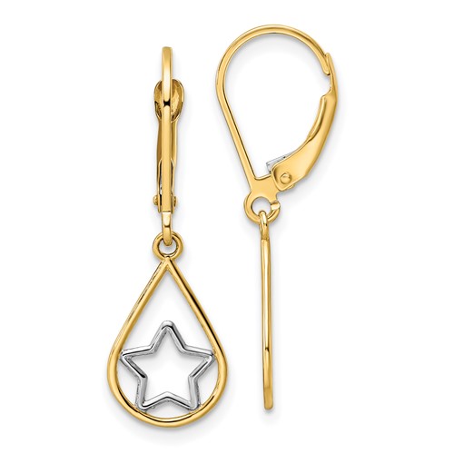 14k Yellow Gold with Rhodium Star in Teardrop Leverback Earrings