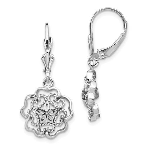 14k White Gold Polished Floral Leverback Earrings 1in