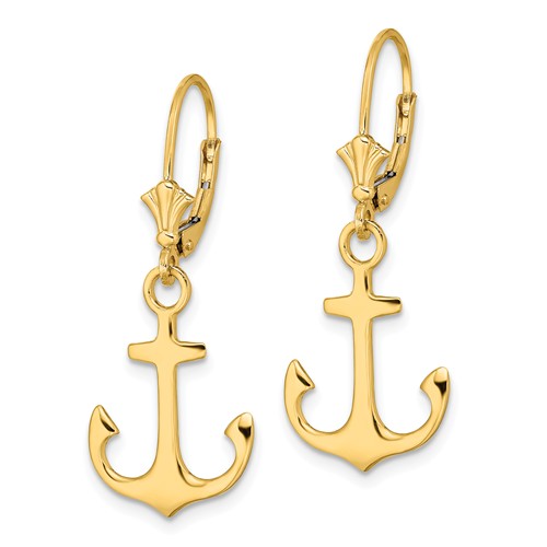 14k Yellow Gold Polished Anchor Leverback Earrings