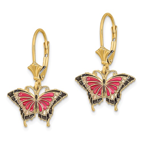 14k Yellow Gold Pink Enamel Butterfly Dangle Earrings