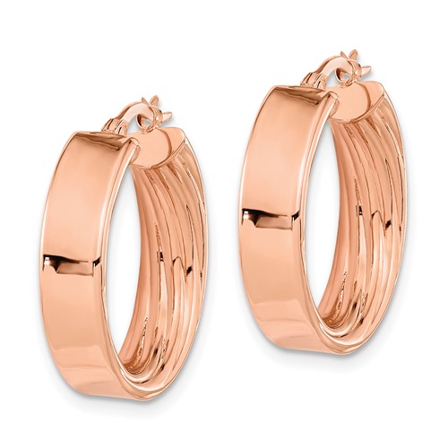 14k Rose Gold Polished Outside Textured Inside Hoop Earrings 7/8in