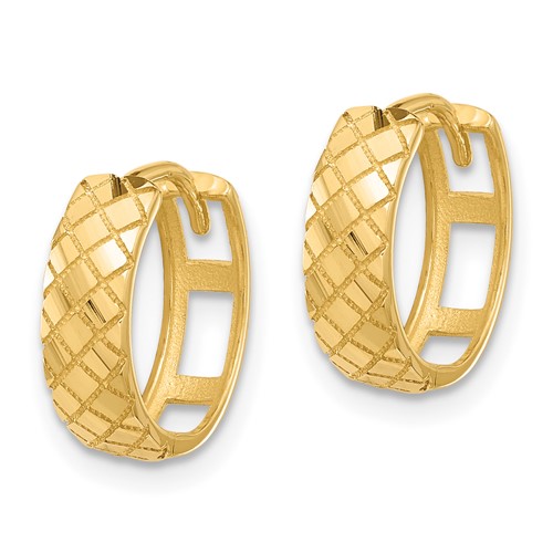 14k Yellow Gold Checkerboard Etched Hinged Round Hoop Earrings 1/2in