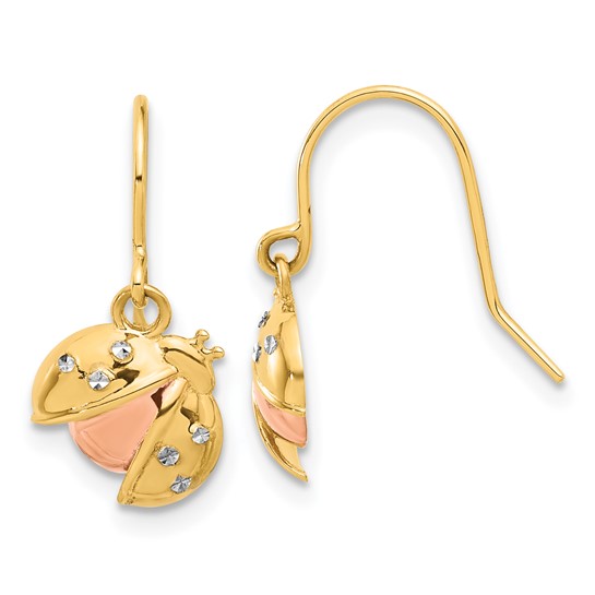 14k Yellow Gold with Rose and White Rhodium Ladybug Dangle Earrings