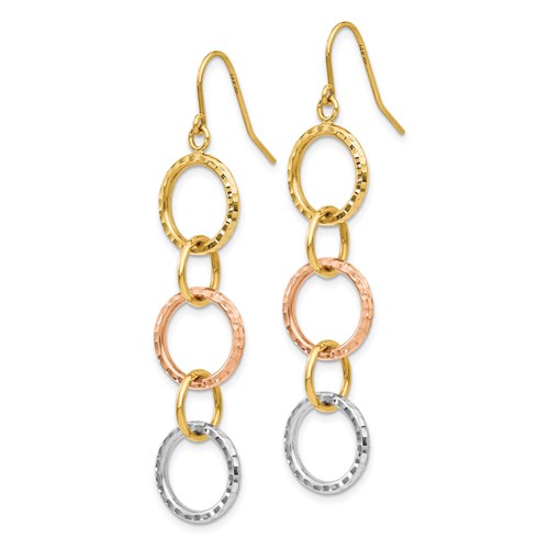 14k Tri-Color Gold Diamond-cut Circle Dangle Earrings with French Wire