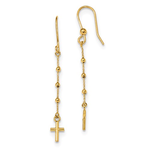 14k Yellow Gold Cross Dangle Earrings with Beads