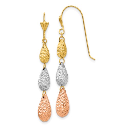 14k Tri-color Gold Puff Teardrop Dangle Earrings With Diamond-cut Texture