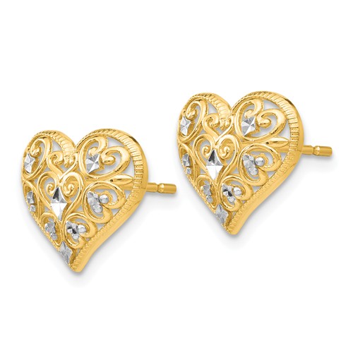 14k Yellow Gold Heart Earrings with Rhodium Accents