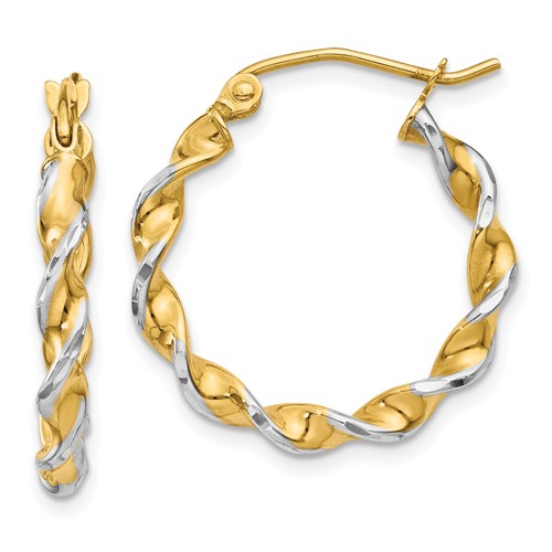 14k Yellow Gold and Rhodium Twisted Round Hoop Earrings 3/4in