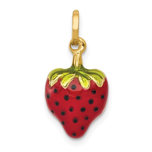 14k Yellow Gold Puffed Strawberry Charm with Enamel