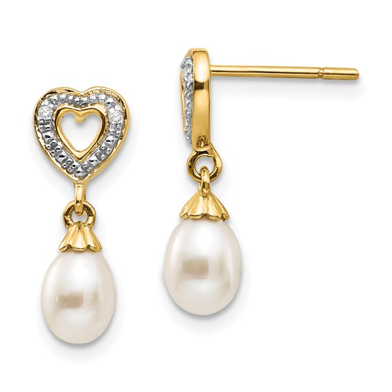 14k Yellow Gold 7mm x 5mm Freshwater Cultured Pearl Oval Drop Heart Earrings with Diamonds