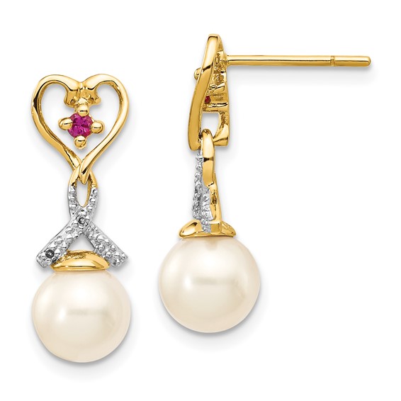 14k Yellow Gold Freshwater Cultured Pearl Created Ruby and Diamond Heart Dangle Earrings