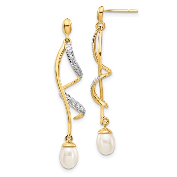 14k Yellow Gold Oval Freshwater Cultured Pearl Spiral Earrings with Diamonds