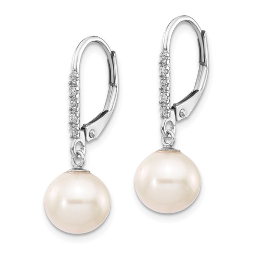 14k White Gold 8mm Freshwater Cultured Pearl Diamond Leverback Earrings