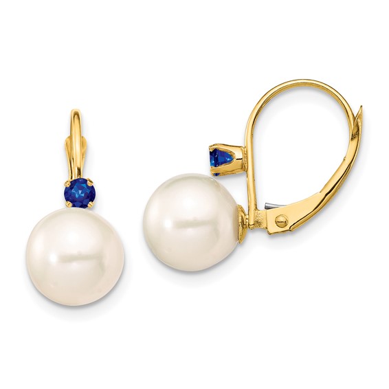 14k Gold 8.5mm Freshwater Cultured Pearl Sapphire Leverback Earrings