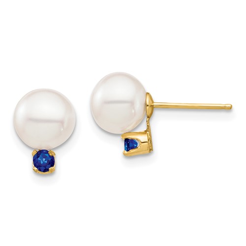 14k Gold 7.5mm Freshwater Cultured Pearl and Sapphire Earrings